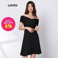 Đầm Lovito dáng chữ A tùng xoè trễ vai màu trơn thường ngày L29AD034 (màu đen)