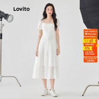 Đầm Lovito trang trí nút có lớp lót thêu lỗ xâu phối dây kéo màu trơn thường ngày cho nữ L49AD064 (Màu trắng)