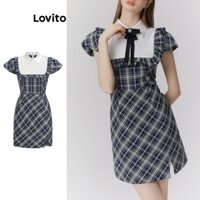 Đầm Lovito xẻ vạt trước kẻ sọc caro preppy cho nữ L64AD051 (Màu xanh dương)