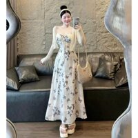 Đầm Lụa 2 Dây Maxi (Có Mút), In Họa Tiết, Kèm Áo Khoác nhẹ  Xinh Xắn phong cách tiểu thư sang trọng
