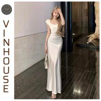 Đầm Lụa Cổ Tròn Chiết Nhún Eo Hack Dáng, Váy Lụa Dáng Dài Dự Tiệc TH214