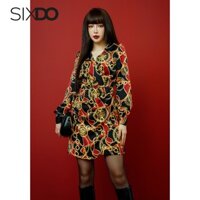 Đầm lụa cổ V tay dài họa tiết baroque SIXDO (Black Chain Print Wraparound Mini Silk Dress)