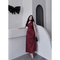 Đầm lụa dáng dài lệch vai sang trọng chất tuyết nhung cao cấp đính bông hoa cổ kèm đai quyến rũ