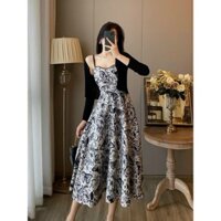Đầm lụa in hoa khoác thun gân thời trang nữ đầm 2 dài khoác ngoài dài tay váy xòe nhẹ nhàng sang trọng