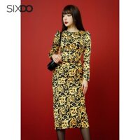 Đầm lụa ôm dài tay họa tiết Baroque SIXDO (Black Baroque Print Split-back Midi Silk Dress)