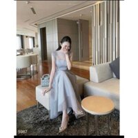 Đầm lụa phủ voan tơ kèm áo khoác tơ thời trang thiết kế nữ cổ tròn nhấn eo váy dài xòe sang trọng nhẹ nhàng