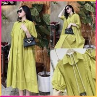 Đầm lụa sơ mi tay phồng form rộng màu xanh bơ, Đầm sơ mi form rộng màu bơ cực ngọt cho các nàng chuppy, bầu bí thoải mái