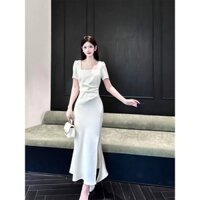 Đầm Lụa Trắng Cổ U Dáng Dài Nhún Eo Dự Tiệc