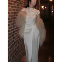 Đầm Lụa Trắng Kín Cổ Cao Cấp Nhún Eo Dự Tiệc