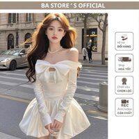 Đầm Lụa Trắng Nơ Trễ Vai Dài Tay Dáng Xòe Bồng Bềnh