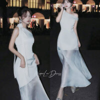 Đầm lụa trắng thiết kế phối voan trễ vai + đính hoa dáng dài xoè gợi cảm Chụp ảnh - Dự Tiệc