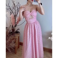 Đầm lưới hồng cúp ngực cutout chân váy xoè nhẹ
