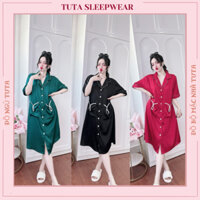 Đầm mặc nhà sơ mi lụa bigsize TUTA suông ngủ pijama lụa trơn thiết kế 2 túi trước dễ thương chất liệu cao cấp thoáng mát