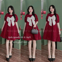 Đầm mặc Tết chất NHUNG Kim tuyến xịn cổ tròn BABYDOLL RỘNG phối ren Nơ NGẮN MTB váy xoè tay búp màu đỏ 1 màu
