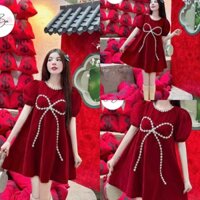 Đầm mặc tết thời trang nữ mặc đi chơi chất nhung cứng cao cấp dáng babydoll đính đá nơ tay búp cổ tròn màu đỏ