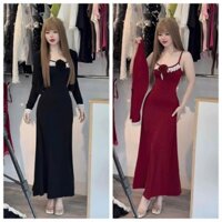 Đầm mang phong cách thanh lịch nhẹ nhàng, đầm thiết kế 2 dây tăm tàu lá dong phối ren dáng dài đính hoa kèm khoác