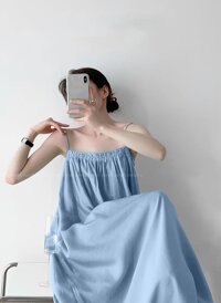 Đầm maxi 2 dây dáng dài rộng chun ngưc, váy 2 dây đi biển bầu bí thoải mái - xanh biển