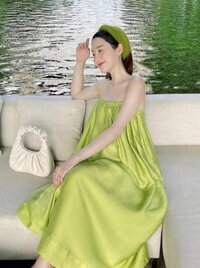 Đầm maxi 2 dây dáng dài rộng chun ngưc, váy 2 dây đi biển bầu bí xinh xắn - Xanh cốm - free size <62kg