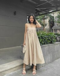 Đầm maxi 2 dây dáng dài rộng chun ngưc, váy 2 dây đi biển bầu bí thoải mái - Màu Be
