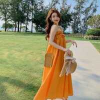 Đầm maxi 2 dây dáng dài,Váy đi biển màu cam bèo ngực chất thô