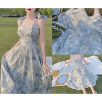 Đầm Maxi 2 dây hoa hồng xanh, Đầm dáng xòe có cúp ngực chất lụa voan 2 lớp mềm mại