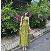 Đầm maxi 2 dây mặc đi biển chất lụa ý cao cấp y mẫu kèm mút chạy smooking dáng váy xòe tùng bồng bềnh xinh xắn