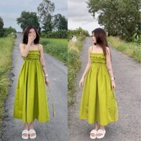 Đầm maxi 2 dây nhún ngực cột dây nơ lưng đi chơi đi biển xinh