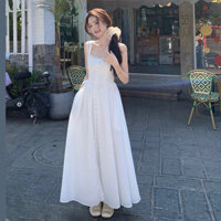 Đầm maxi 2 dây nút dọc màu trắng Oanhdilys, Váy dài phối ren tôn dáng sang chảnh đi dự tiệc đi biển hottrend hè 2024