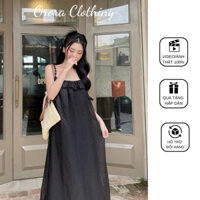 Đầm Maxi 2 Dây Voan Thêu Phối Bèo Màu Đen ORORA Đi Chơi Đi Dạo Xinh Xắn Thoải Mái