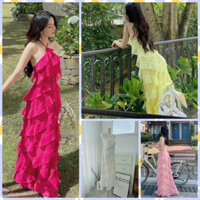 Đầm maxi biển voan cổ yếm xoắn bèo có mút siêu xinh - free size dưới 55kg đi chơi đi biển