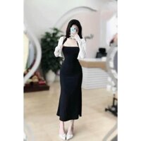 Đầm Maxi Body Thiết Kế Nữ Chất Thun Gân Cổ Vuông Phối Dây Kèm Khoác Dài Tay From Váy Đuôi Cá Gợi Cảm Nữ Tính