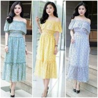 Đầm maxi cao cấp, váy liền thân trễ vai chất vải voan, phong cách đi biển, đi dạo, hàng thiết kế NK Fashion V11036