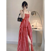 Đầm maxi caro sọc dáng dài-kiểu hai dây xẻ tà xinh xắn dạo phố dự tiệc sang chảnh