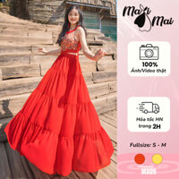 Đầm Maxi chân váy xòe, bèo xếp tầng 2 màu vàng đỏ nổi bật Maxi Mai