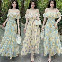 Đầm maxi chất voan hoa cao cấp trễ vai bèo tay ngắn mocking thân trước váy xòe sáng chảnh mặc đi biển đi du lịch