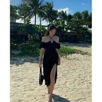 ĐẦM MAXI CHUBBY ĐI BIỂN DU LỊCH BIG SIZE CỔ YẾM NHÚN NGỰC QUYẾN RŨ - Đen - XL