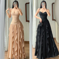 Đầm Maxi Cổ Tim Voan Bèo Bay Bổng Tua Layer Quyến Rũ Sang Chảnh