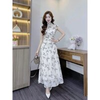 Đầm maxi cổ tròn tay cánh dơi chất voan 2 lớp in hồ điệp siêu xinh phù hợp đi làm đi chơi D307