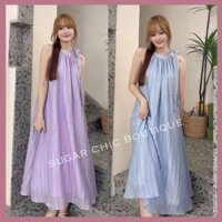 Đầm maxi cổ yếm cột nơ vai đũi mát dáng suông đi biển, Đầm maxi cổ yếm cột nơ Ulzzang đầm tiểu thư nữ tính M32