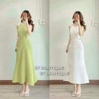 ĐẦM MAXI CỔ YẾM DÂY LƯNG BO THUN TRẮNG-XANH