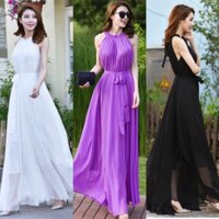 Đầm maxi cổ yếm thắt dây eo