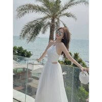 Đầm maxi cổ yếm xếp ly .