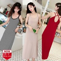 Đầm Maxi Cotton Dài Không Tay Màu Đen Trơn Thời Trang Mùa Hè Cho Nữ
