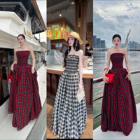 Đầm Maxi Cúp Ngực Bo Nhún Chun Thân Hoạ Tiết Kẻ Sọc Caro , Đầm Maxi Dáng Xoè Dài Bồng Bềnh Đi Biển Du Lịch Siêu Xinh