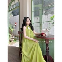 Đầm maxi dáng dài cổ yếm đan phối hoa chất tuyết nhung siêu đẹp thoitrangteen00