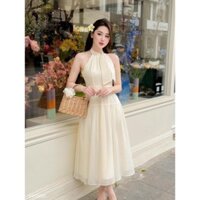 Đầm maxi dáng xòe cổ yếm nơ dài màu trắng sang trọng dự tiệc D0874 Thái Nga Store