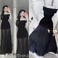 Đầm maxi đen trễ vai ôm body phối tùng lưới cho nữ NÀNG CLOSET