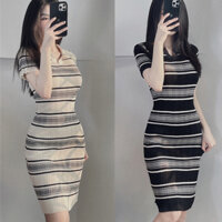 Đầm Maxi Dệt Kim Tay Ngắn Cổ Polo Họa Tiết Kẻ Sọc Thời Trang Mùa Hè Phong Cách Hàn Quốc Váy len dệt kim kẻ ngang cổ bẻ