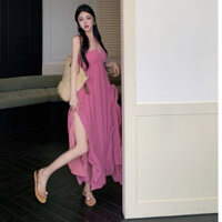 Đầm Maxi Đi Biển Cổ Yếm Trơn Xẻ Tà Lưng Hở Gợi Cảm Kiểu Hàn Quốc Geisha