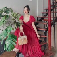 Đầm maxi đi biển dạo voan xoè nhún ngực dáng váy dài đi chơi đi tiệc đám cưới, du lịch sang chảnh cao cấp PVC